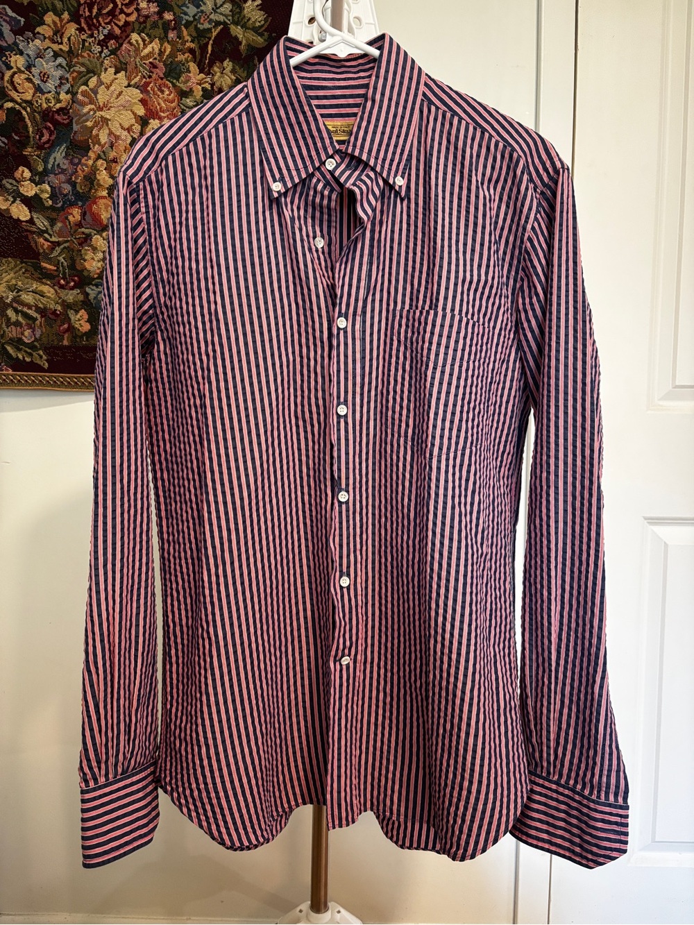 Paul Stuart Made in Italy Navy Pink Striped Seersucker Button Down Shirt M